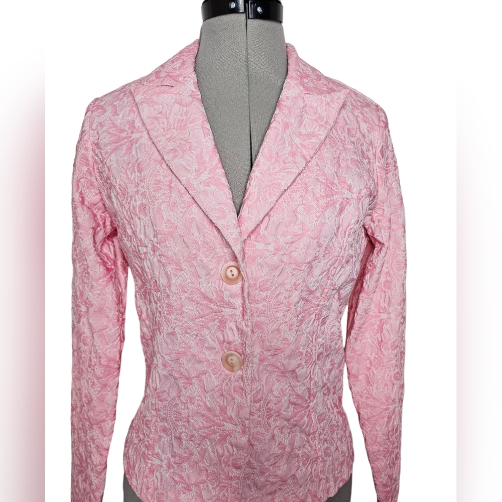 Vintage Women's Pink & White Padded Shoulder Blazer (Size: S)